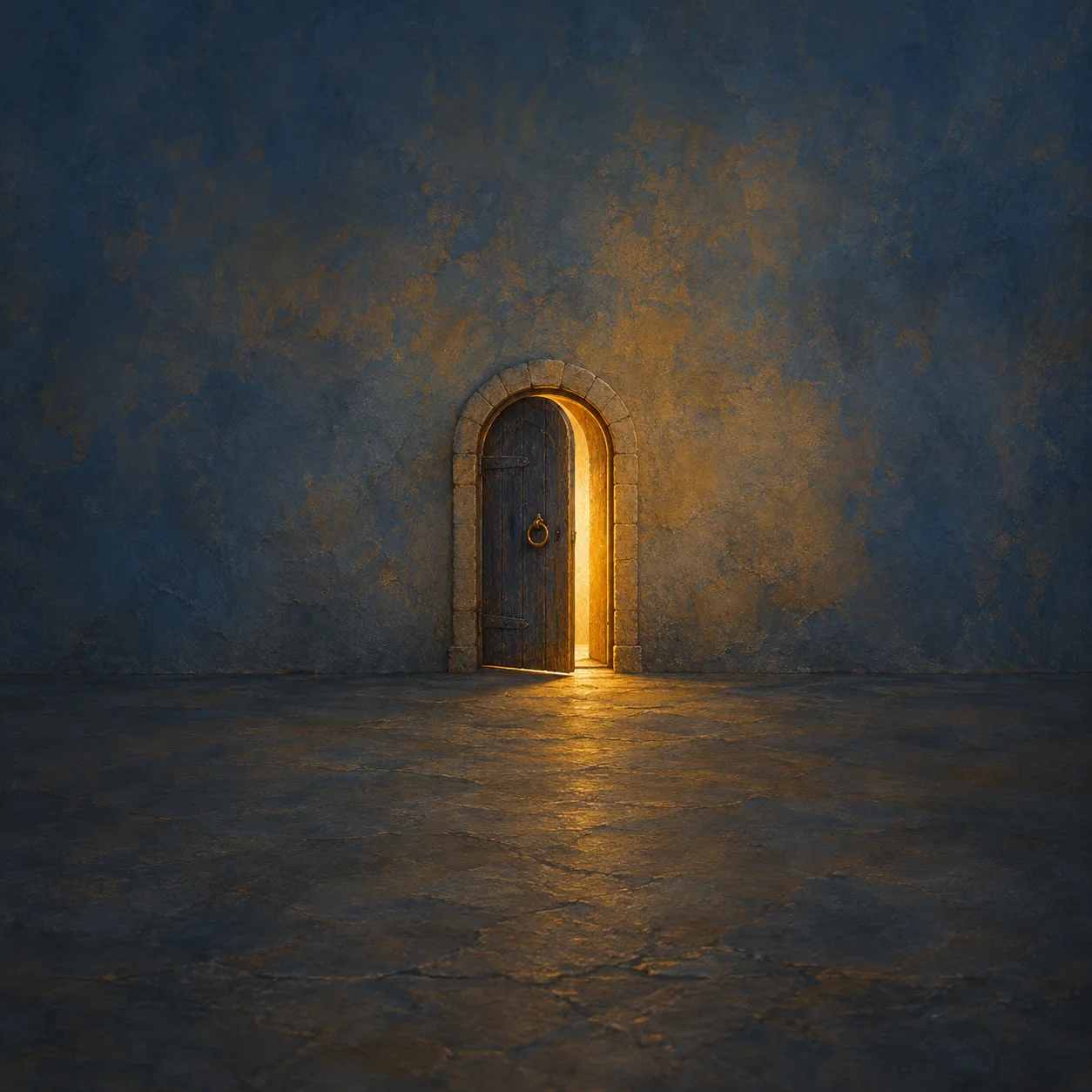 Golden light spills through a partly open arched wooden door with a brass ring handle.