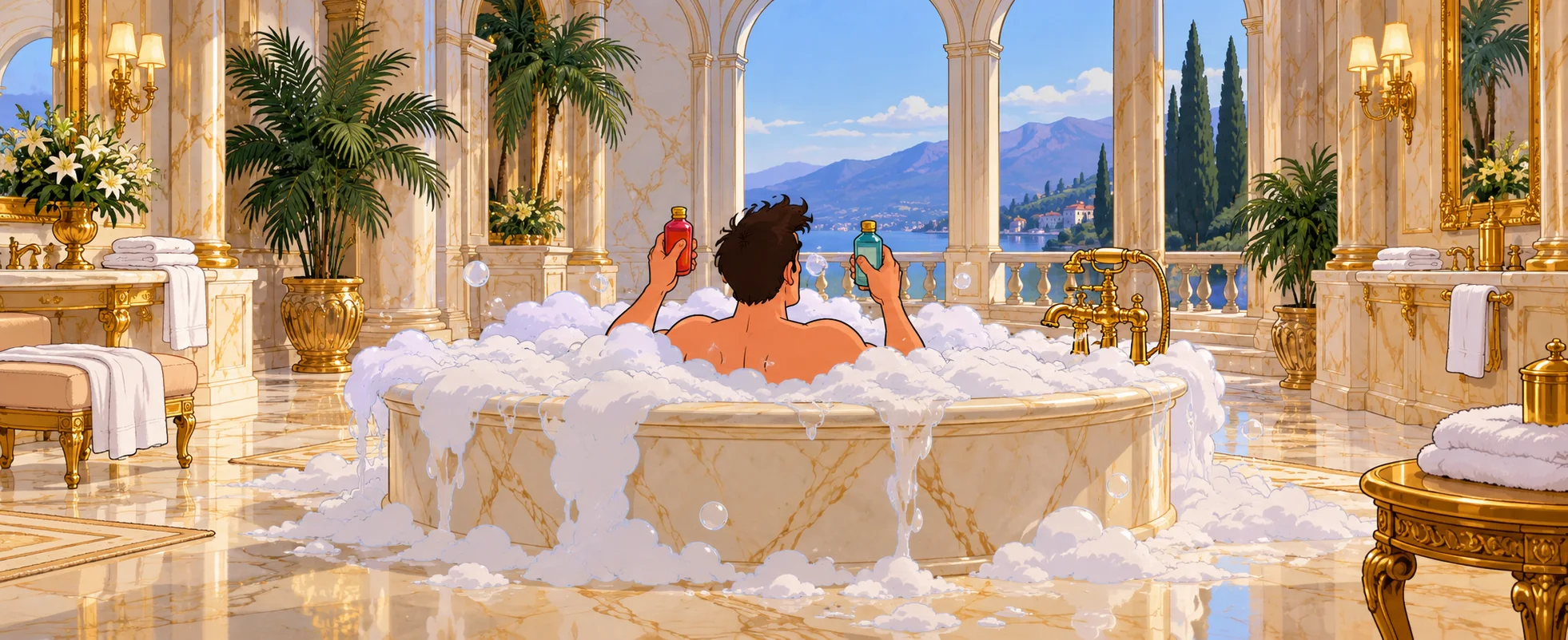 A man in a foaming bubble bath in a marble mansion bathroom holds up two plastic bottles facing each other.