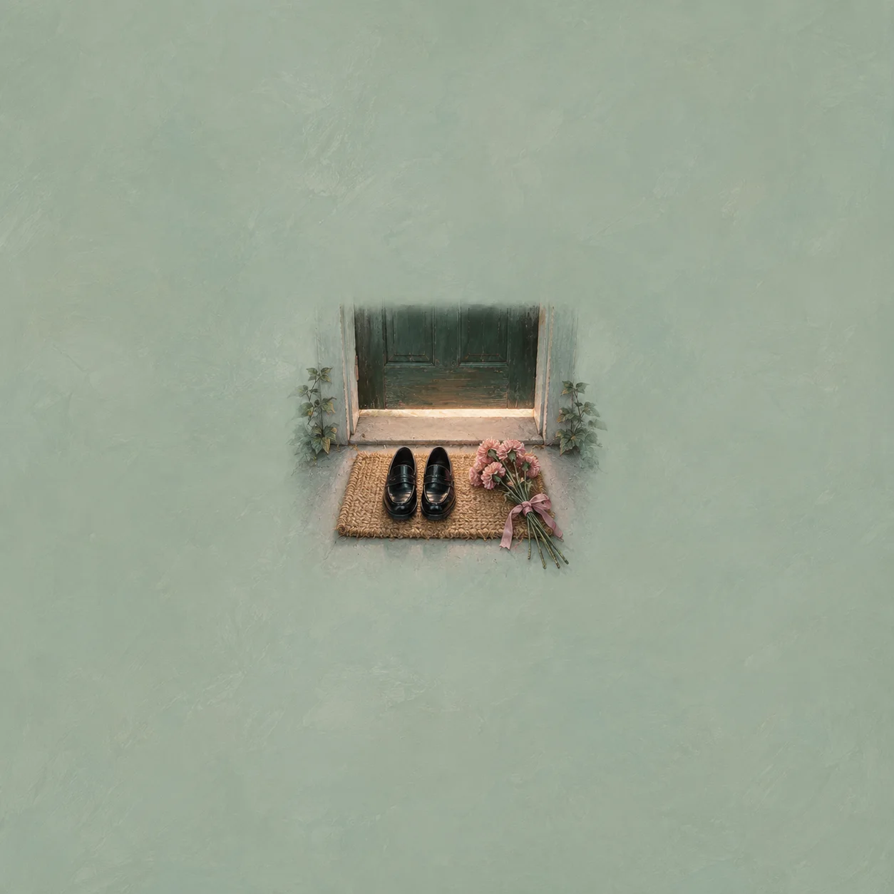 Black shoes sit on a woven doormat beside pink flowers at the foot of a green door.