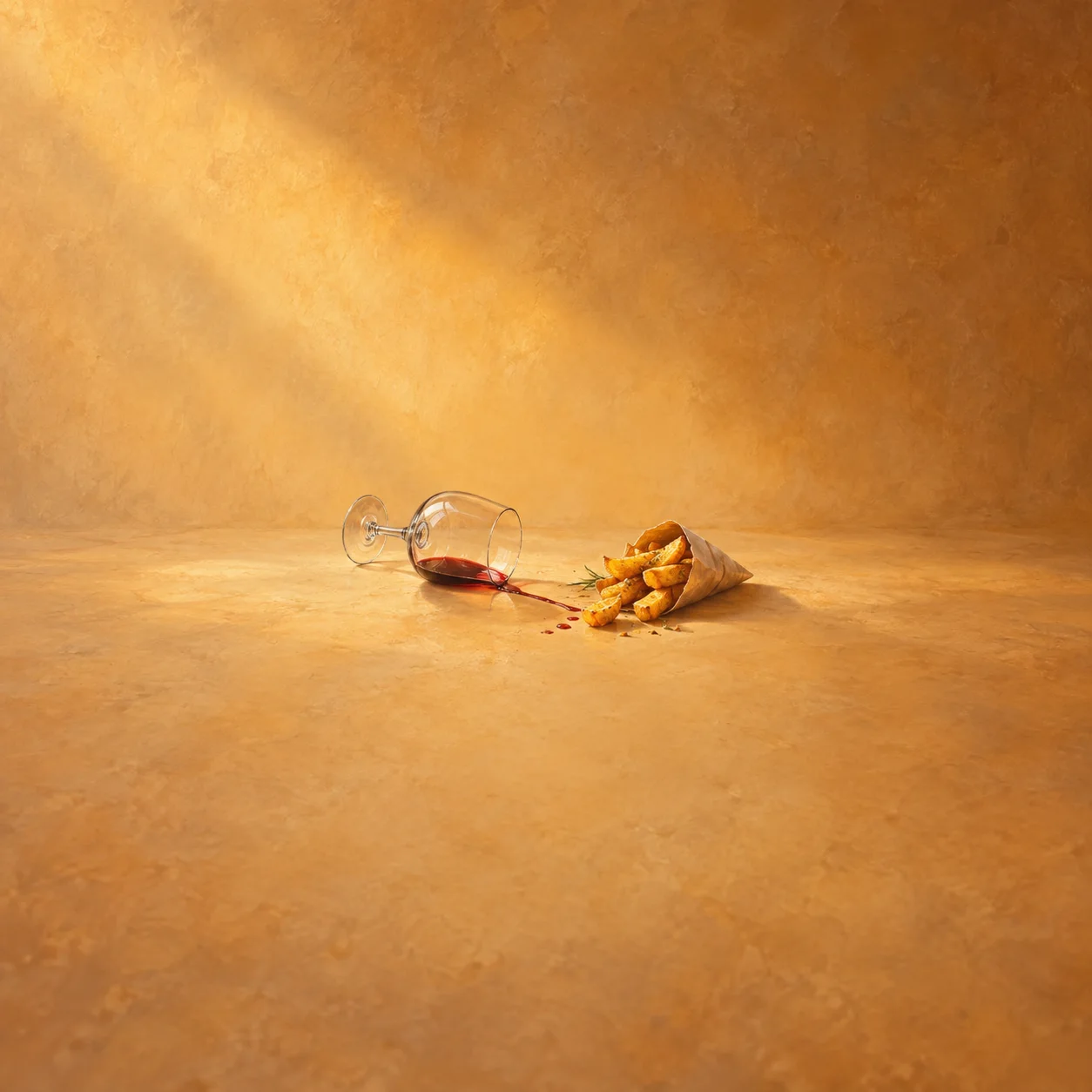 Painterly tipped wine glass spilling red wine beside a paper cone of golden fries.
