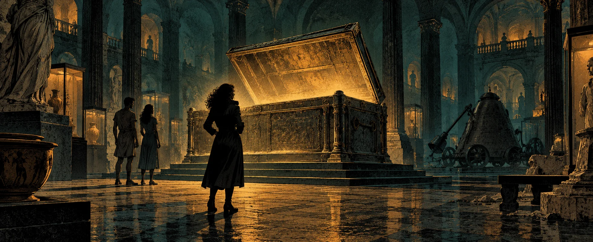 A woman in a long coat stands before a huge glowing open box in a vast underground hall.