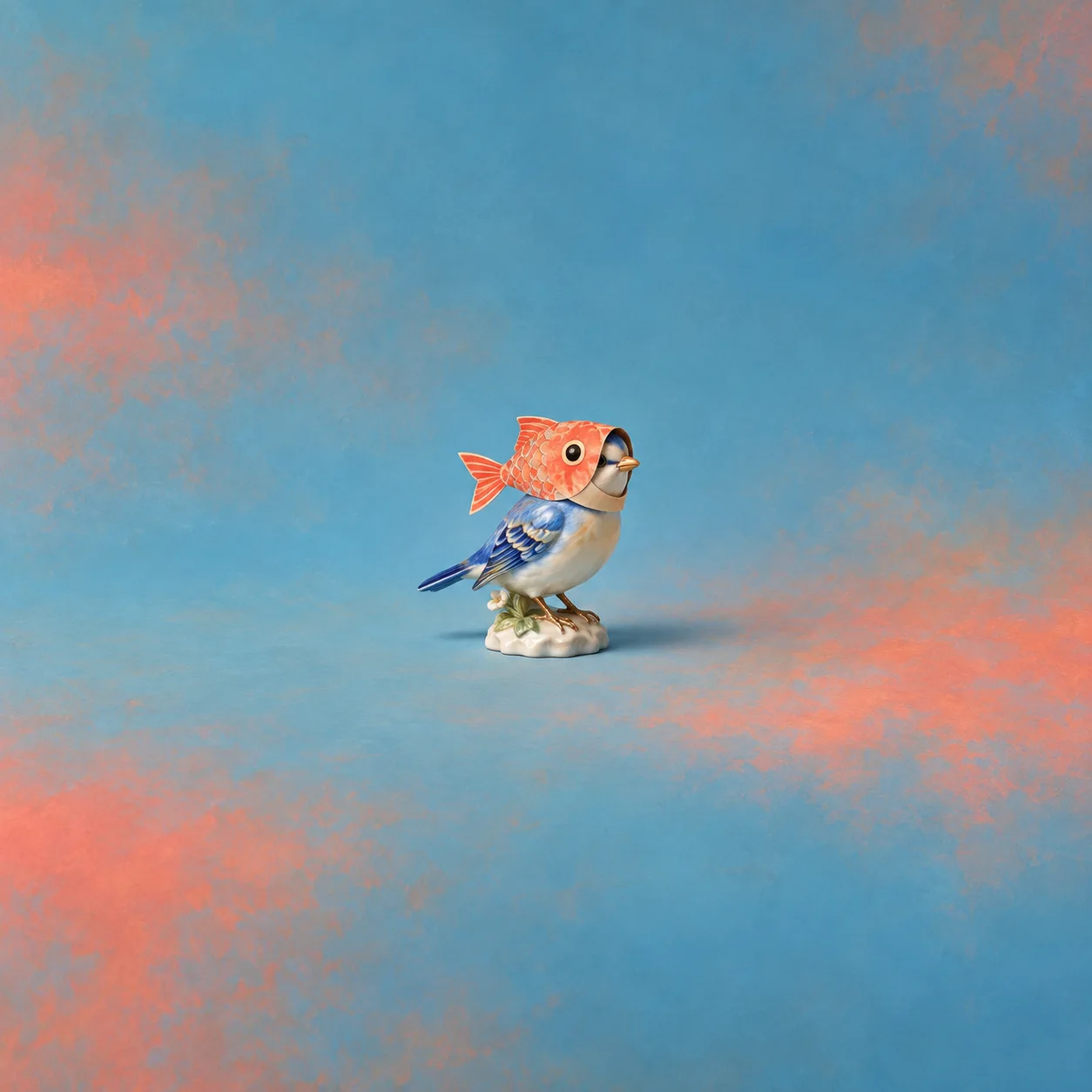 A small blue and white ceramic bird wears a coral paper fish mask against blue and coral.