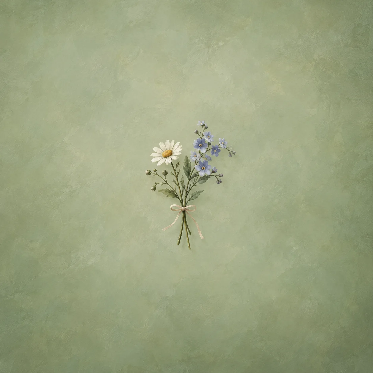 A white daisy and small blue wildflowers are tied together with a pale ribbon against a soft green background.