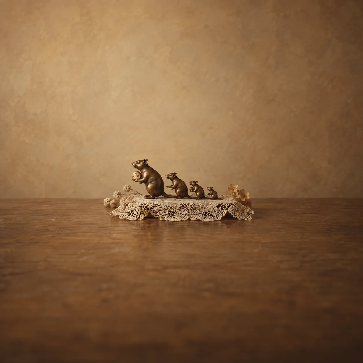 Painterly bronze animal figurines descending in size across a lace-covered wooden surface.