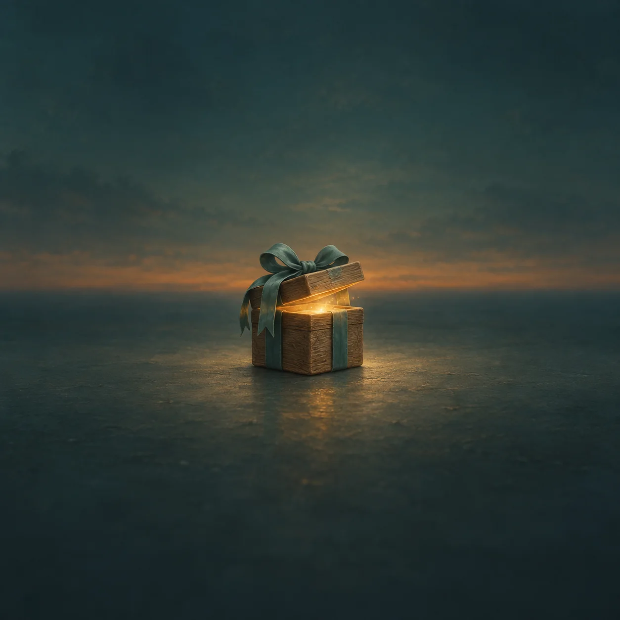 A wooden gift box tied with a sea-green ribbon, its raised lid revealing golden light against a dusky landscape.