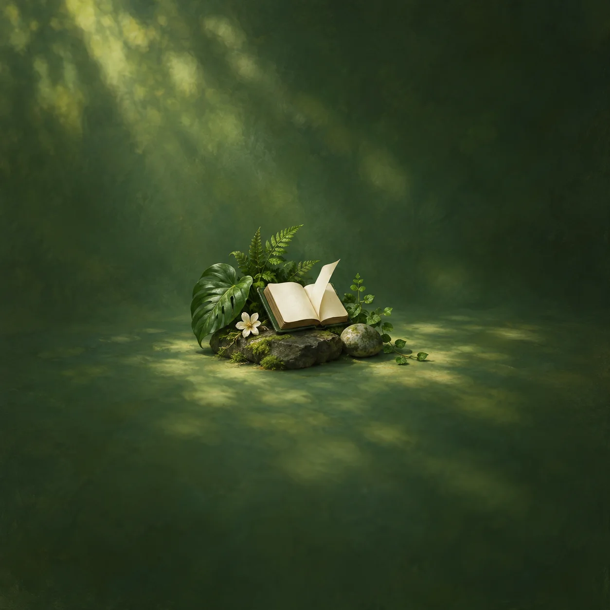 A small blank book lies open among mossy stones, broad leaves and ferns in dappled green light.