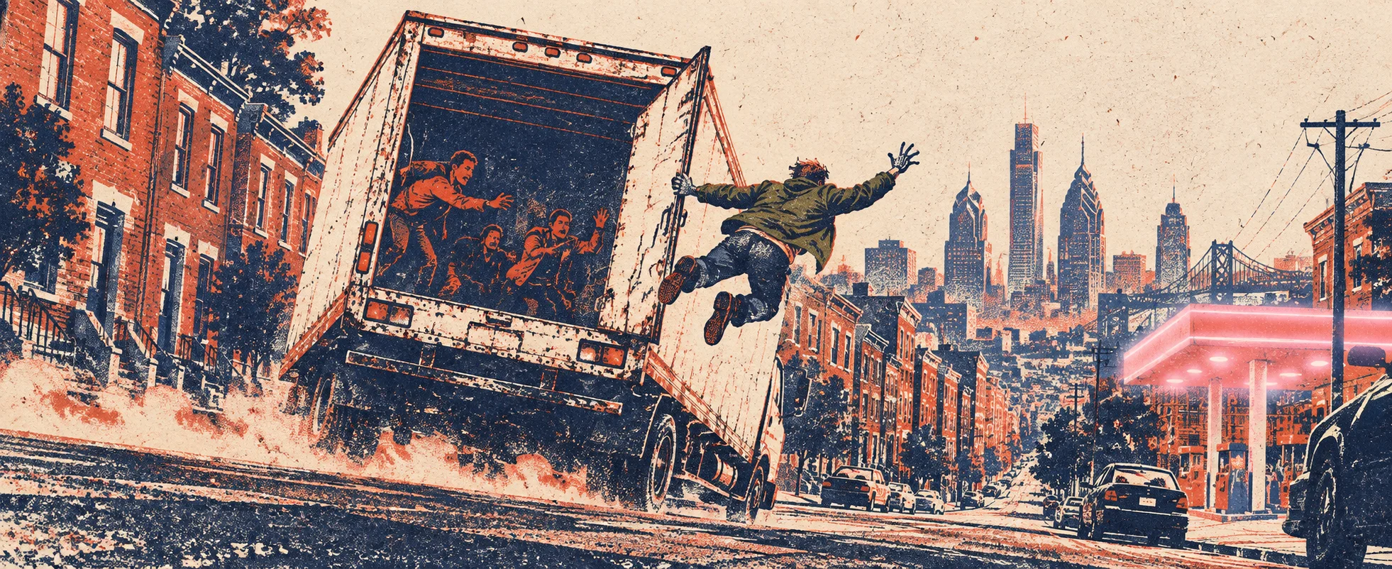 A man in a green army jacket leaps from the open back of a runaway van careering down a Philadelphia street, his friends tumbling inside.