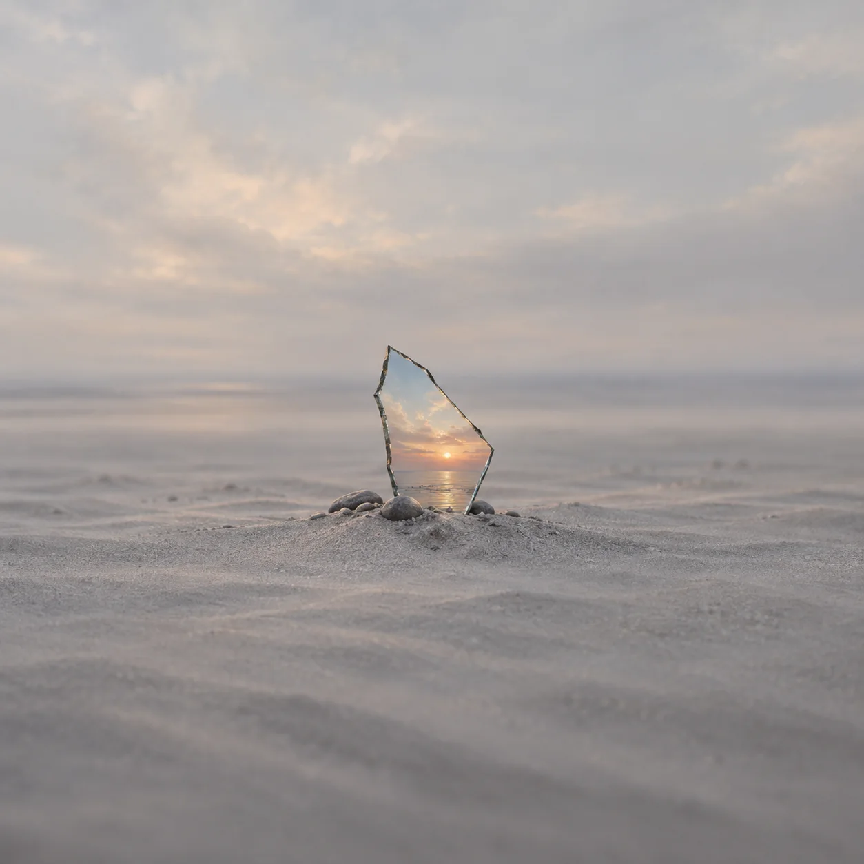 An upright jagged mirror shard reflects a warm sunset from a bed of pale grey sand.