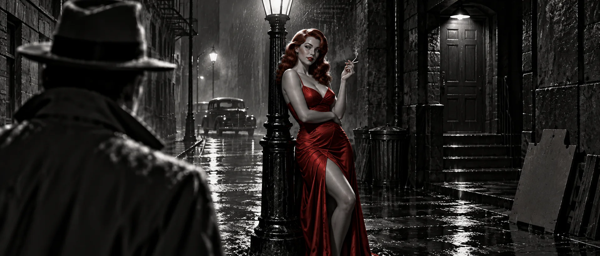 A red-haired woman in a clinging red gown leans on a lamppost in a rain-slicked 1940s alley, watched by a private eye in a fedora.
