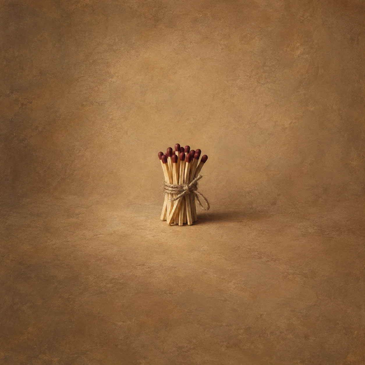 A small upright bundle of unlit red-tipped matches is tied with twine on warm brown ground.