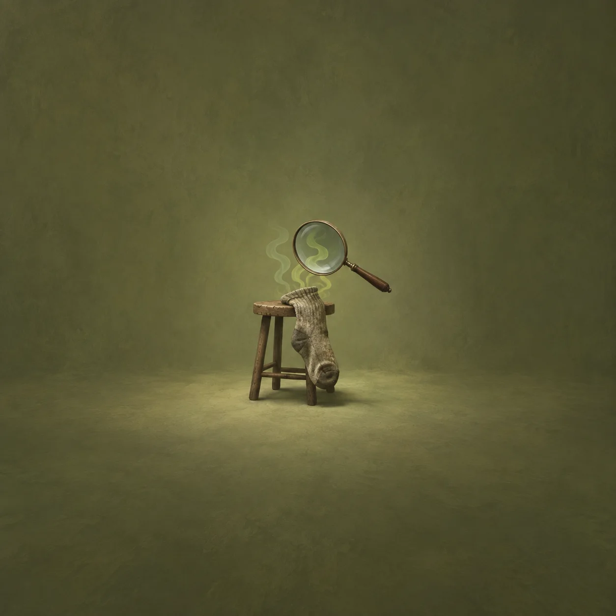 Painterly magnifying glass above a sock hanging from a stool, with curling green wisps.