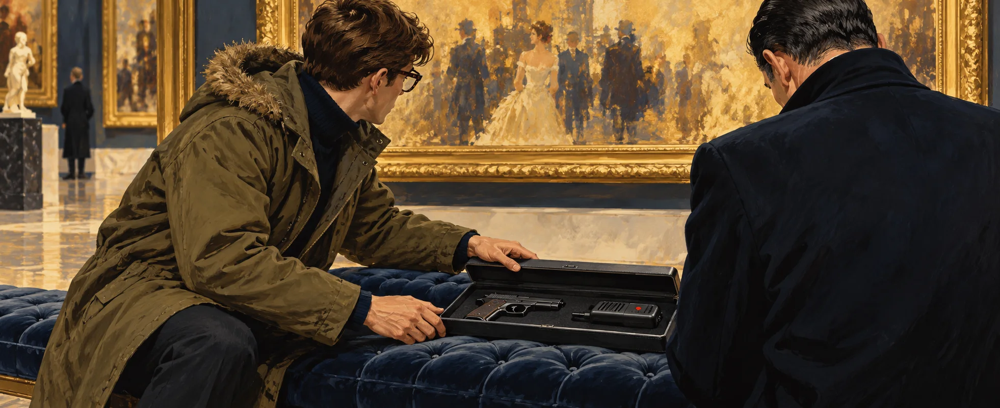 On a velvet gallery bench, the young Q in a parka and glasses slides an open case holding a pistol and a small radio towards Bond.