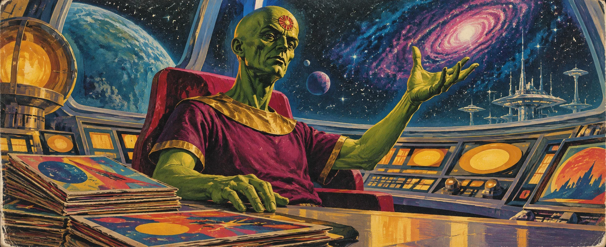 Retro sci-fi painting of a bald green alien editor with a red rosette on his forehead, seated at a starship console stacked with comics, gesturing grandly towards a starfield.