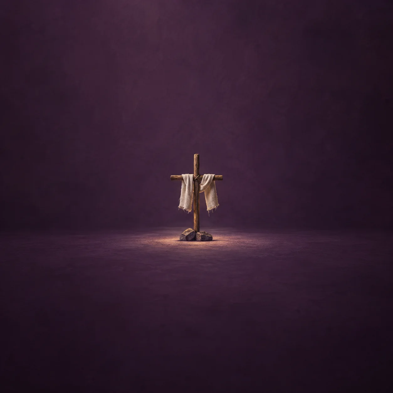 A small wooden cross with pale cloth draped over its arms stands on dark stones against purple.