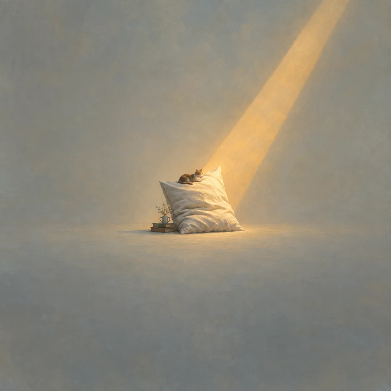 A rumpled cream pillow stands beside a small alarm clock under a slanting beam of golden light.