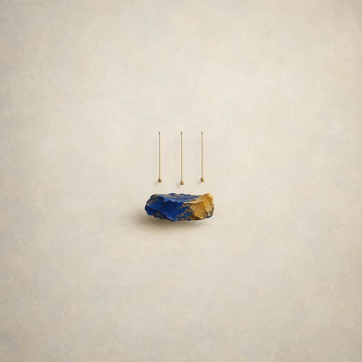 Three short golden strings hanging above a thick slab of cobalt blue and ochre paint.