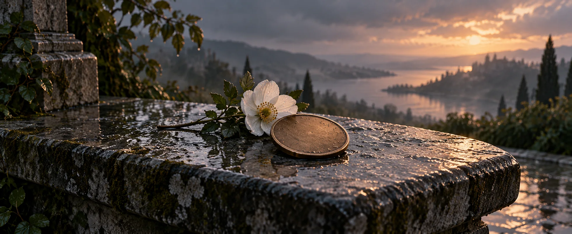 A plain bronze medal lies beside a small white flower on a rain-wet stone memorial bench.