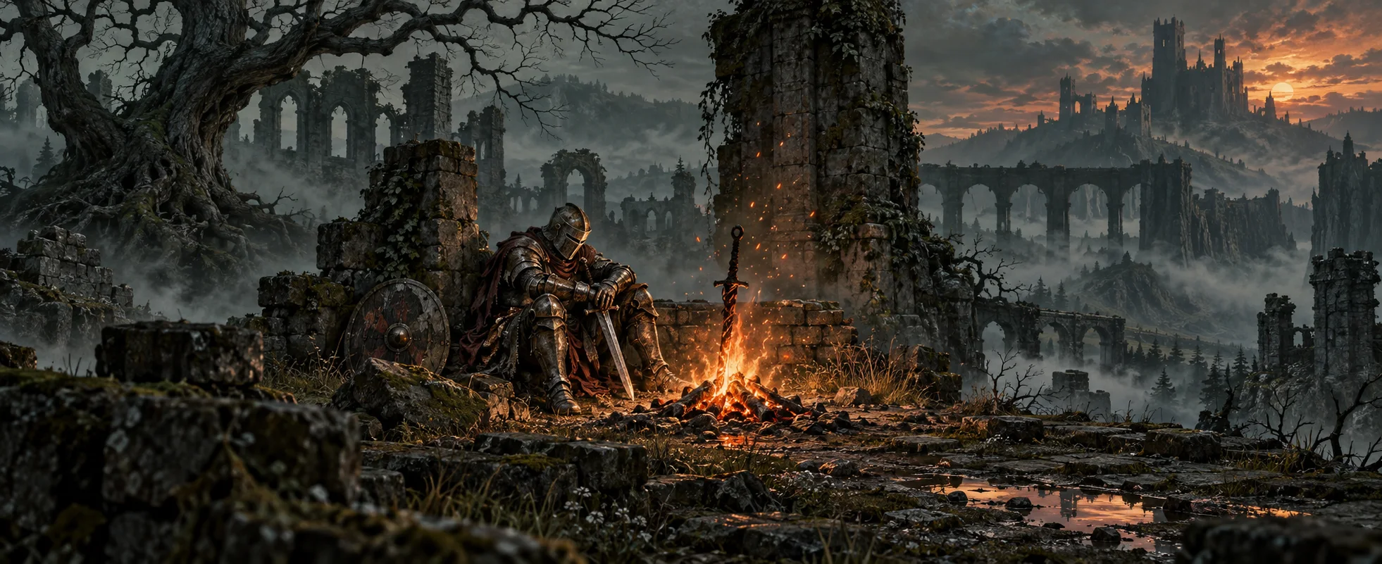 A weary knight in dented armour sits beside a small bonfire with a coiled sword plunged in its embers, among mossy ruins, a gnarled dead tree and misty arches, a castle on a far hill at dusk.