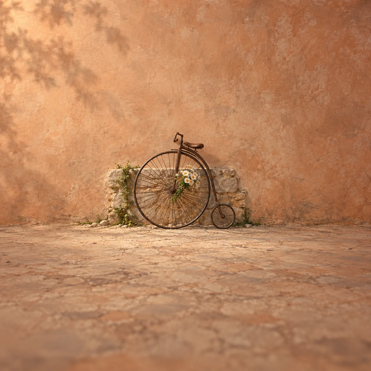 Painterly vintage penny-farthing bicycle with flowers in its wheel leaning against a stone wall.