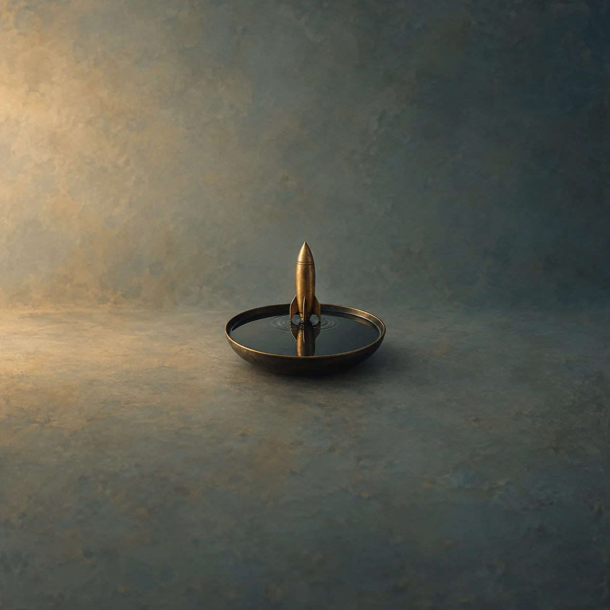Painterly small brass rocket standing in a shallow dark dish of water.