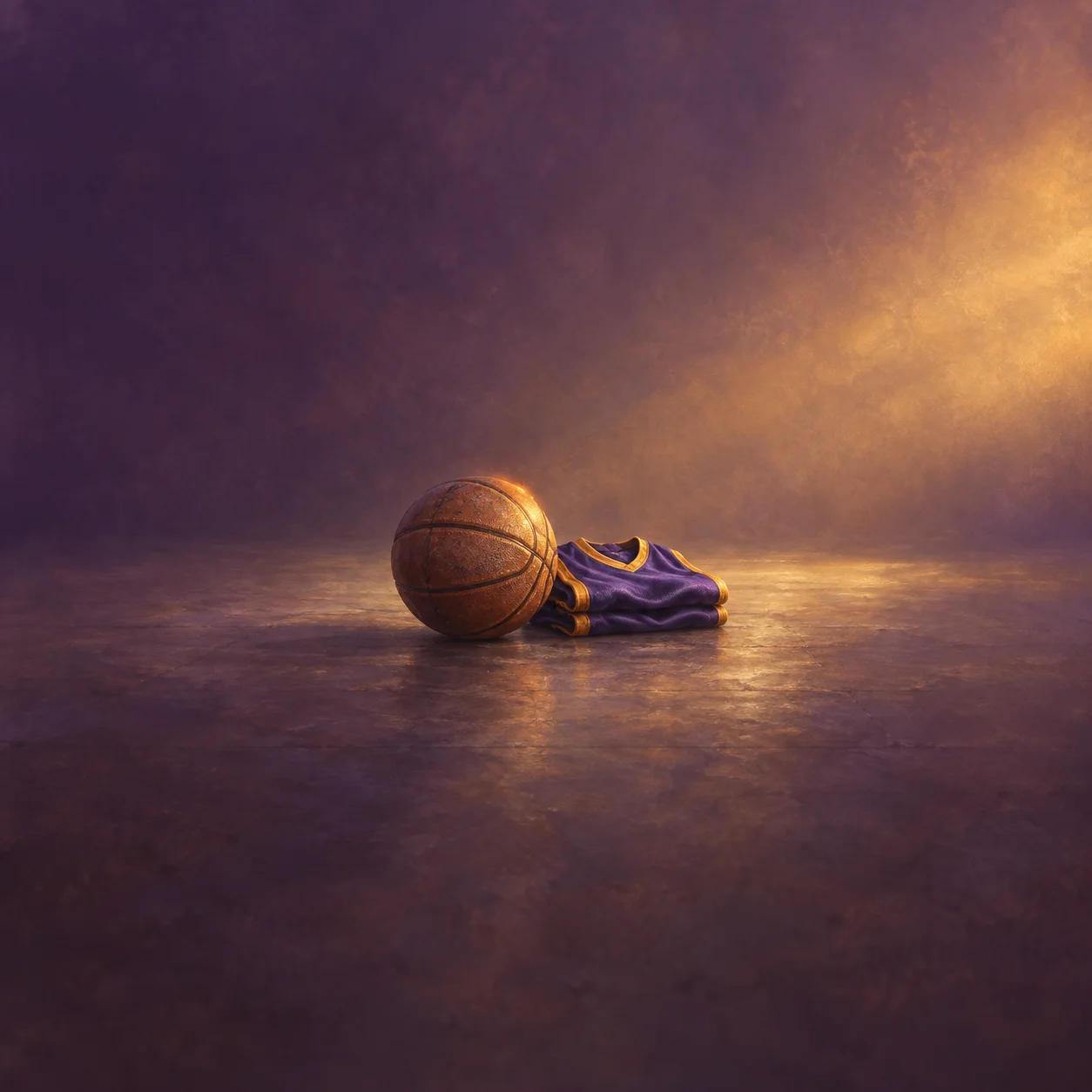 A worn basketball rests beside a folded purple jersey with gold trim in warm, fading light.