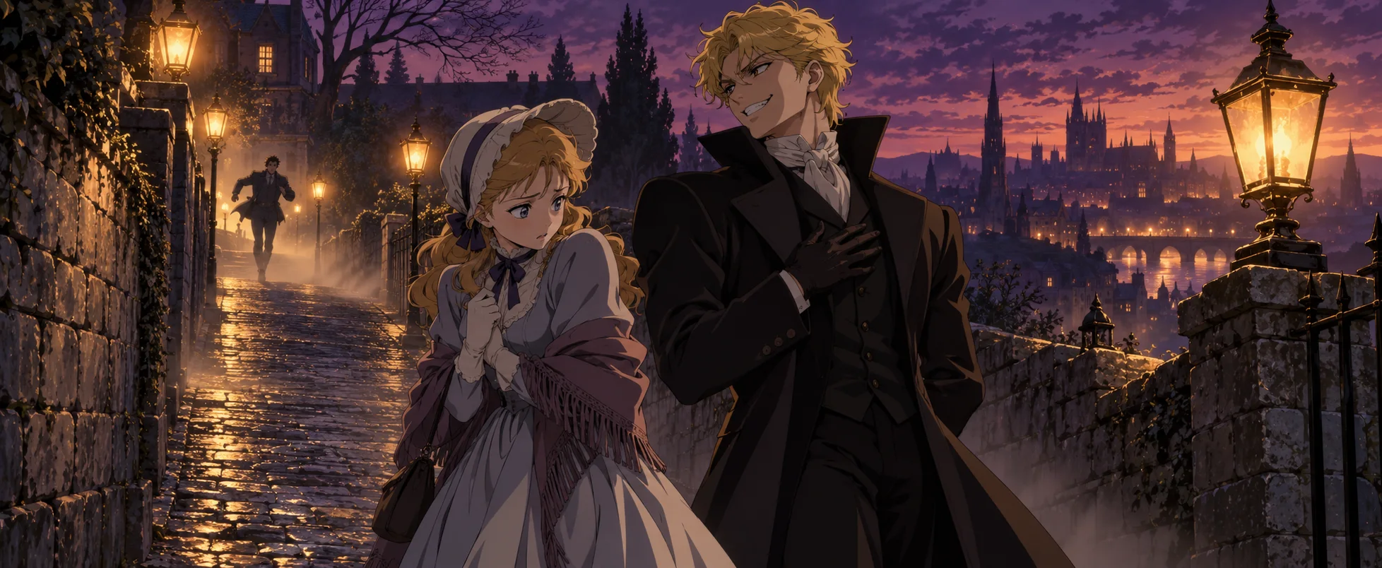 Anime illustration: a grinning blond man in a long dark coat walks along a lamplit cobbled path beside a frightened young woman in a bonnet and shawl, with a gothic city glowing under a purple dusk sky and a man running in the distance.