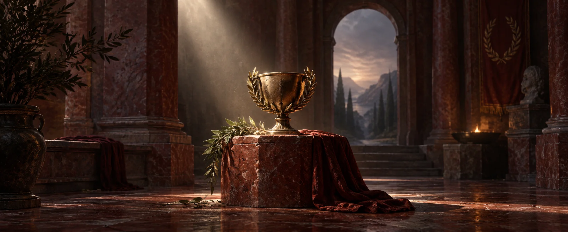 An ornate bronze cup catches a beam of pale light in a shadowed red stone chamber.