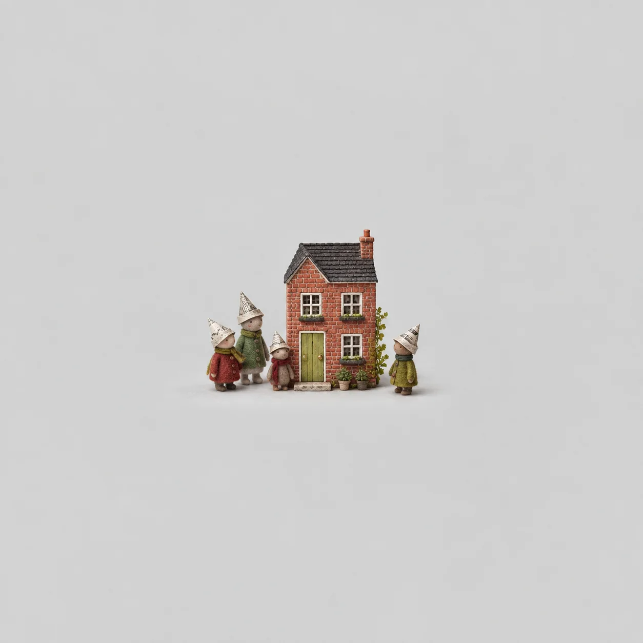 A miniature brick house with a green door stands among small figures wearing pointed paper hats.