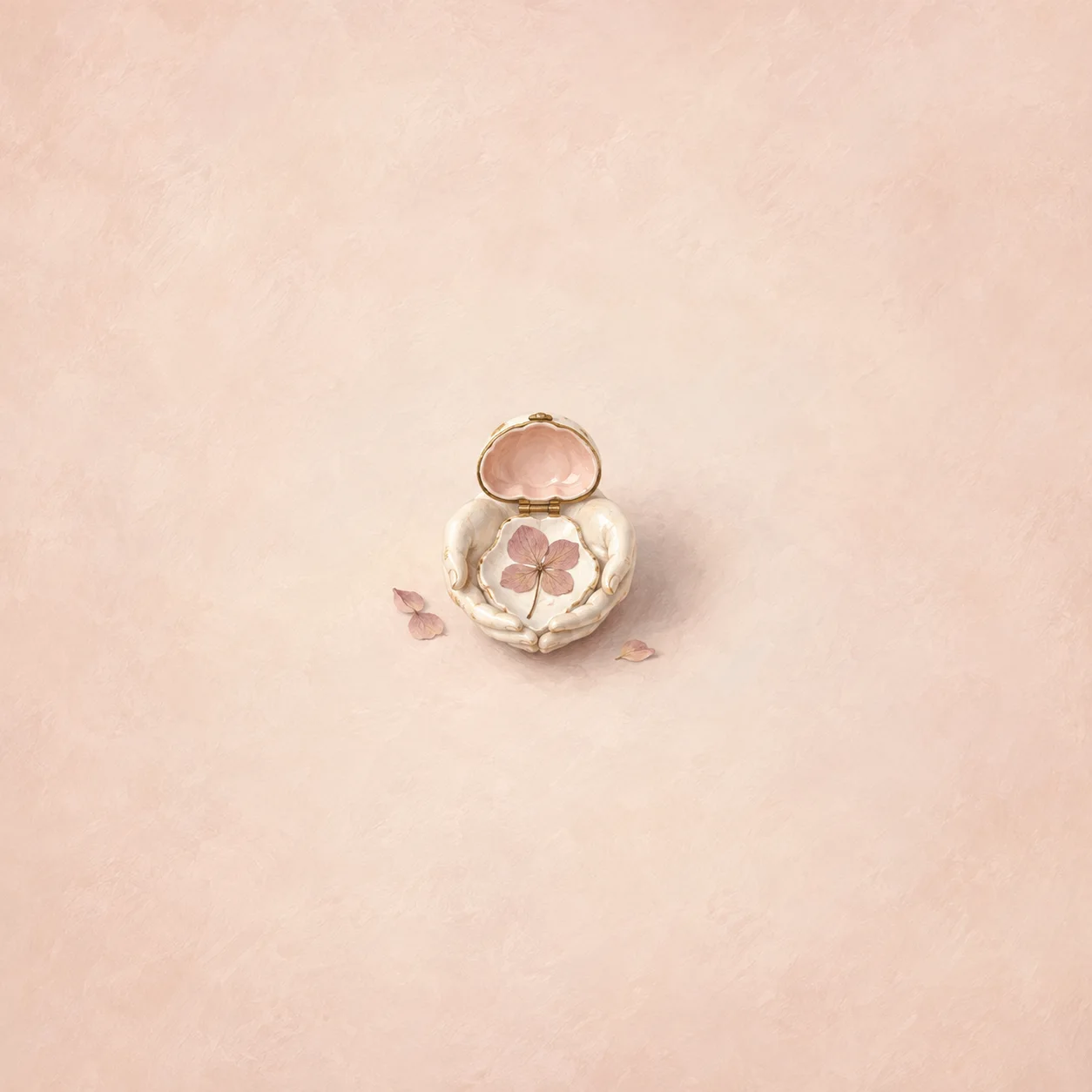 Pressed blush flower inside a cupped-hand ivory ceramic locket, with loose petals