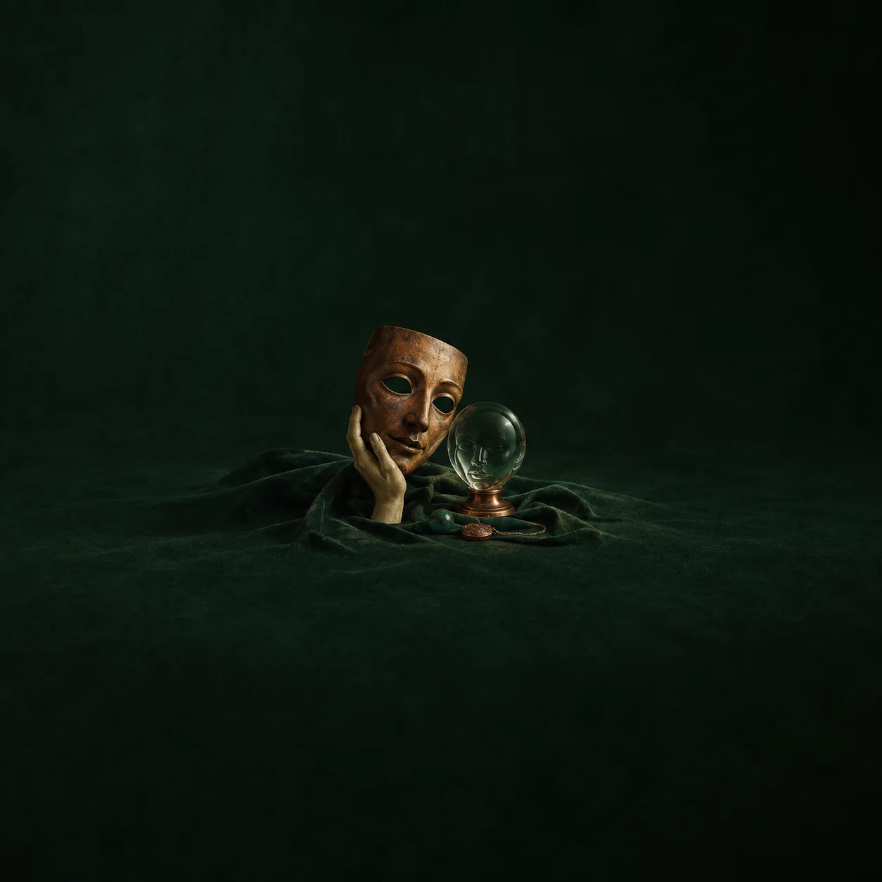 A carved wooden mask rests against a sculpted hand beside a clear glass sphere on dark-green cloth.