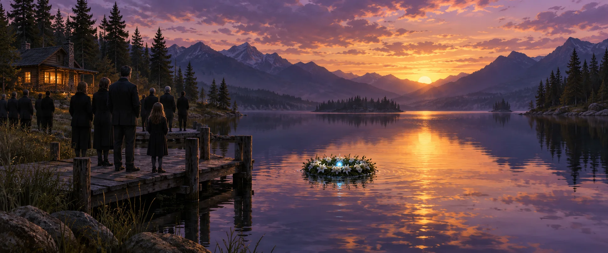 Mourners in dark clothes stand on a lakeside jetty at sunset as a wreath of lilies with a small blue light floats out on the water.