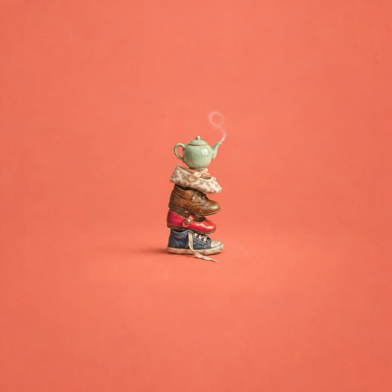 A mint-green teapot balanced on a stack of small children's shoes with steam curling above, on a coral background.