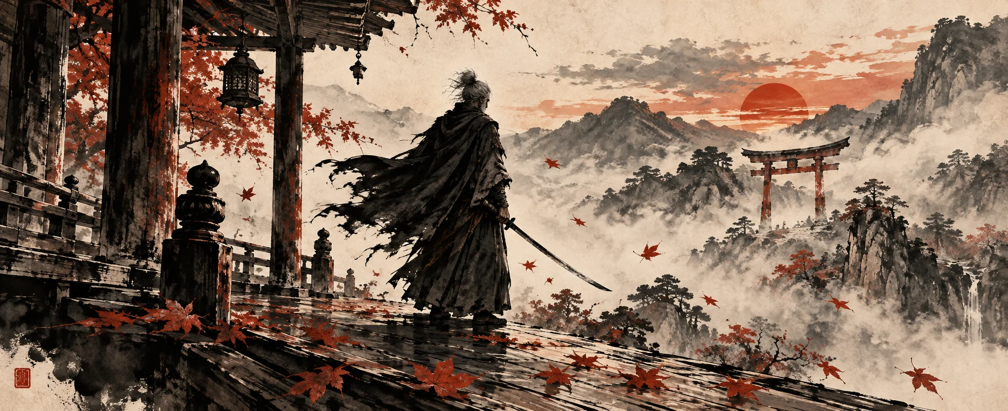 A sword master in a tattered cloak stands on a temple veranda above misty mountains as red leaves fall.
