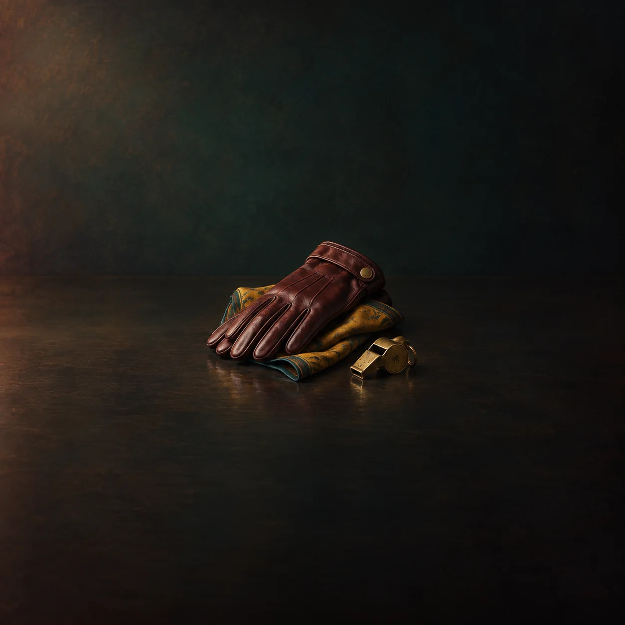 A brown leather glove rests on folded patterned cloth beside a brass whistle.