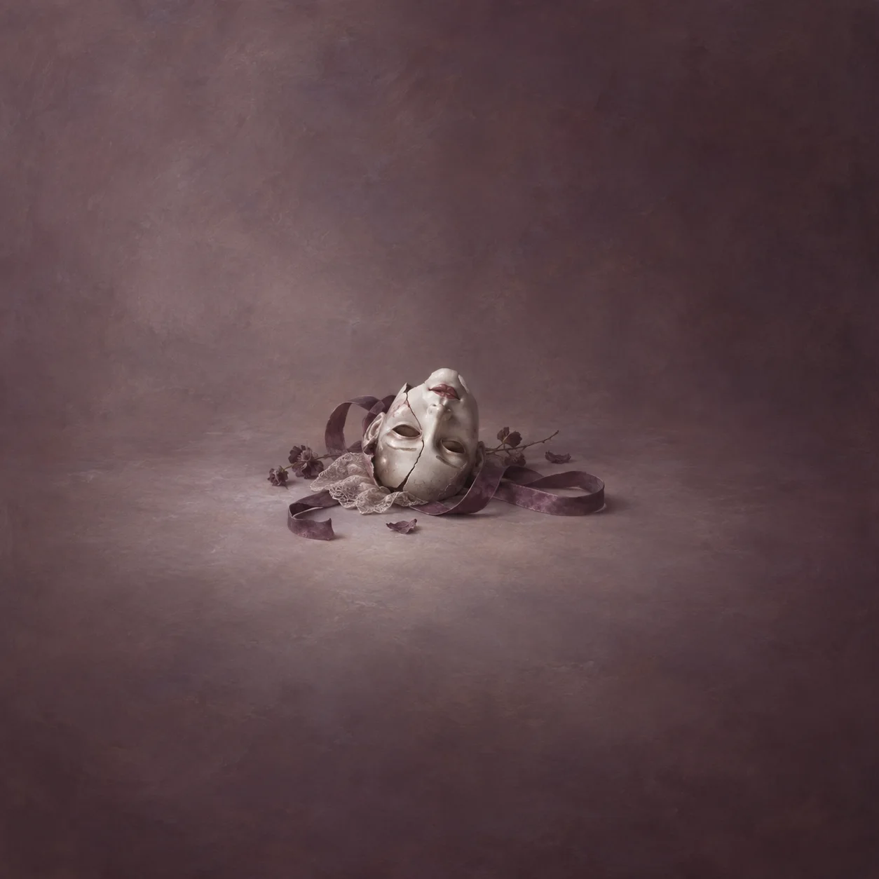 A cracked pale mask rests amid loose purple ribbons and small fragments on muted mauve ground.
