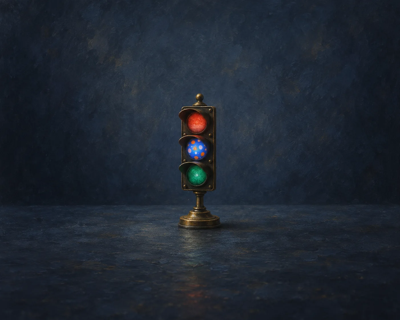 A small brass traffic signal with red and green lamps and a blue middle lamp dotted with orange and lavender spots.