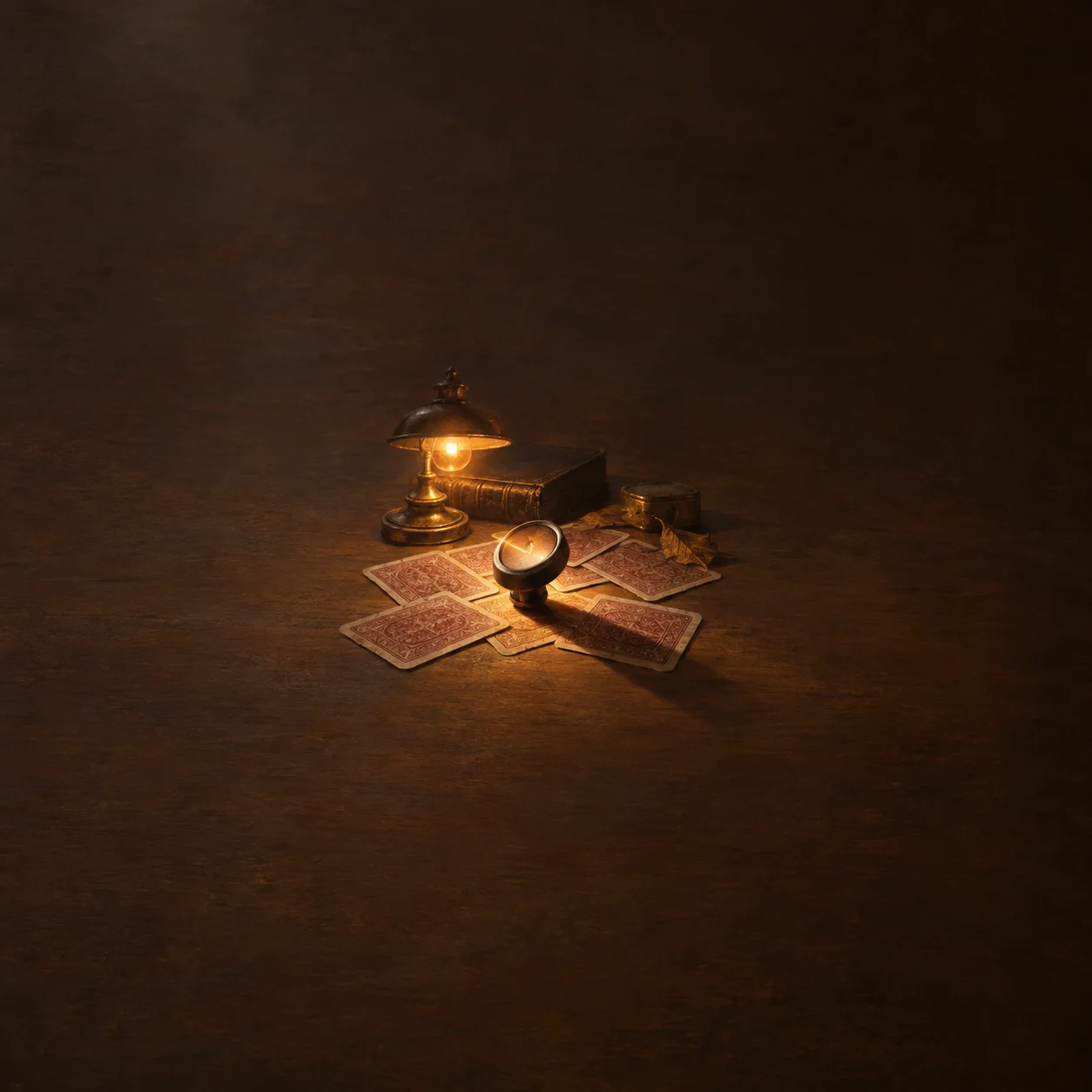 Painterly lit desk lamp and magnifying glass beside scattered cards and a dark box.