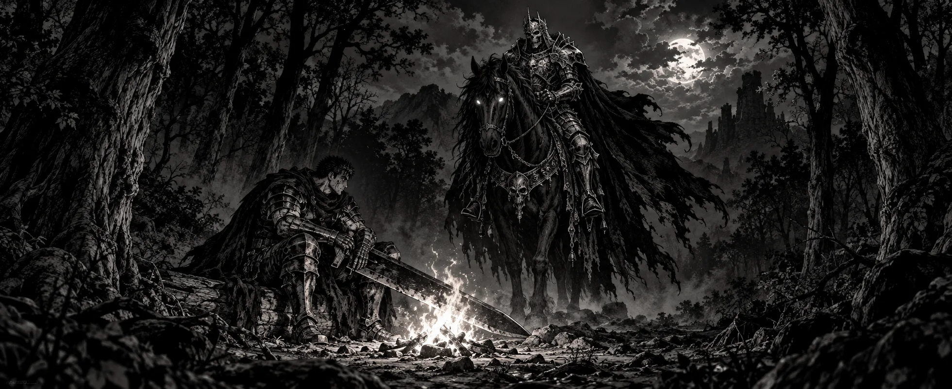 A swordsman in black armour sits by a small fire in a dark forest as a skull-armoured knight on a black horse emerges from the shadows.