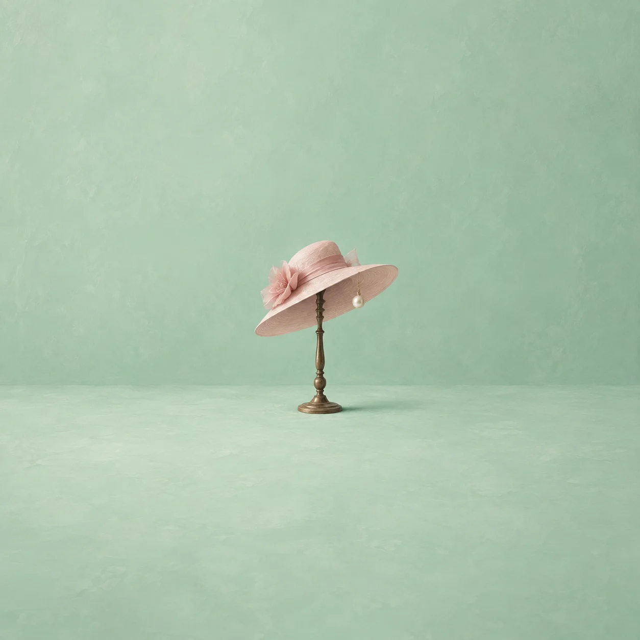 A slim hat stand topped with a wide pale pink hat and a pearl earring, against mint green.