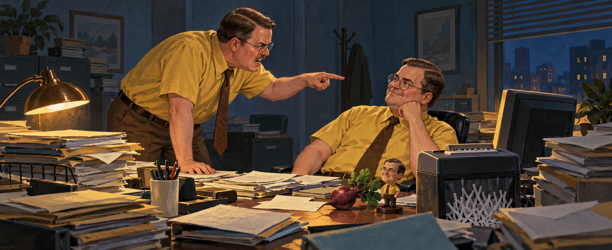 One man in a mustard shirt, brown tie and glasses jabs a finger at a coworker dressed exactly like him, who lounges at a desk with a bobblehead and a beet.