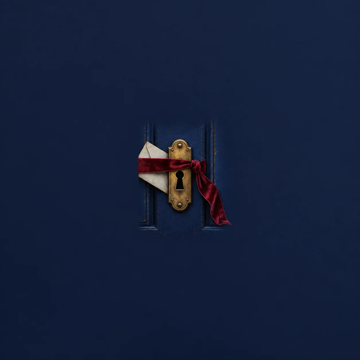 A red ribbon crosses a brass keyhole plate and a pale envelope on a dark blue door.