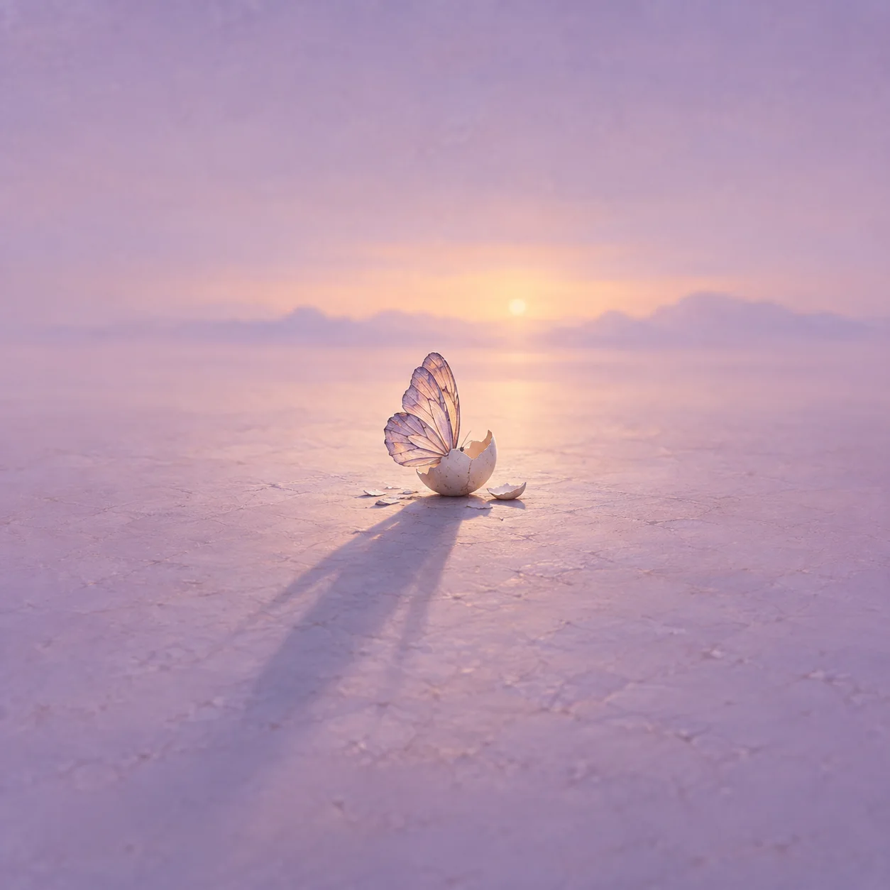 A delicate lavender butterfly wing rises from a broken eggshell, casting a long shadow across a lavender surface at sunrise.