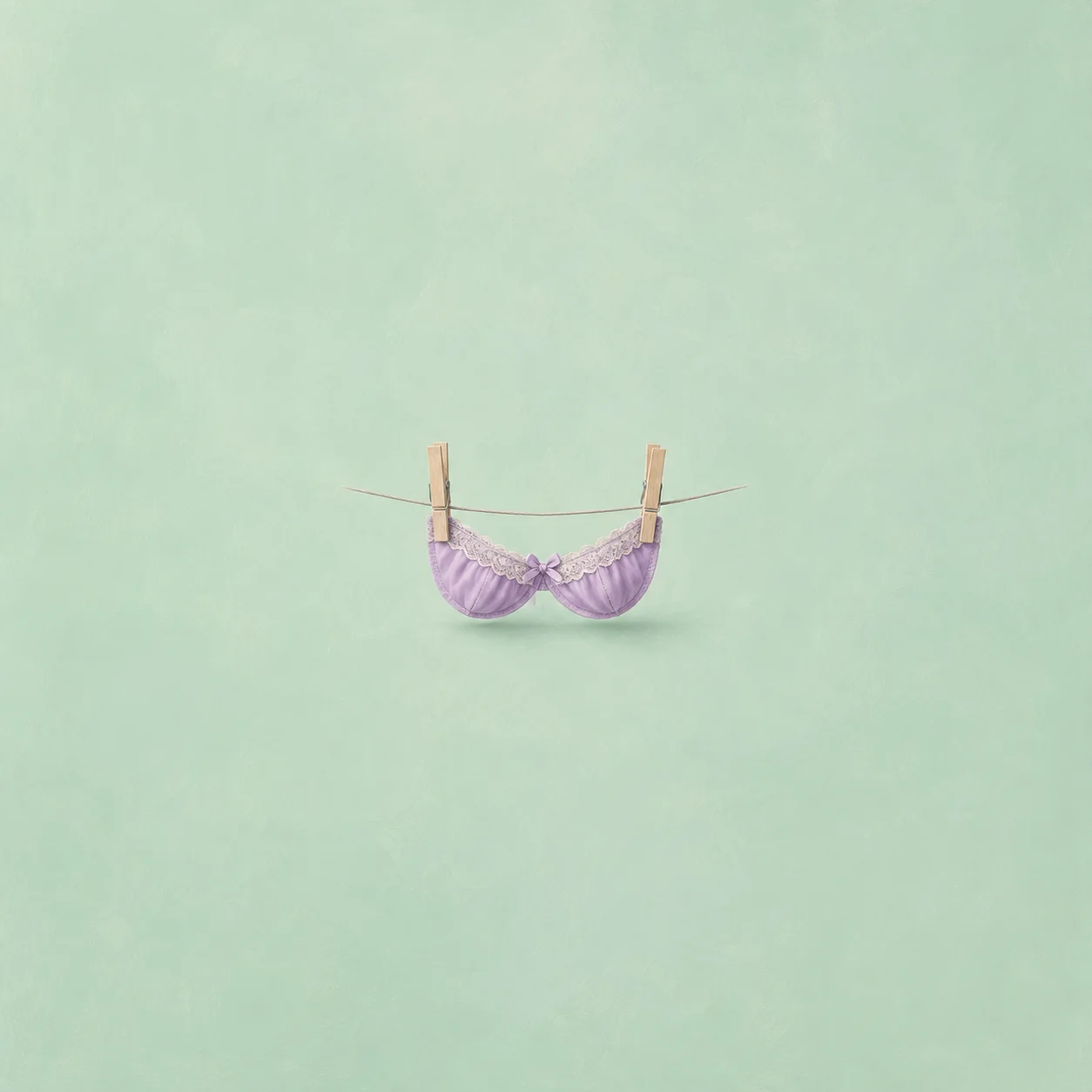 A lilac lace-trimmed bra hangs from a line with two wooden pegs against a pale green background.