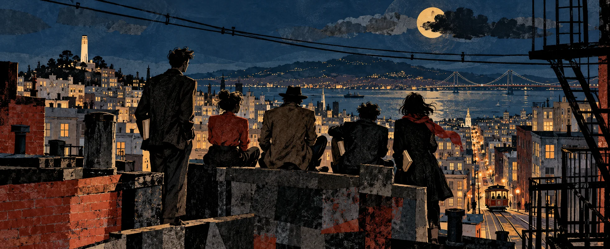 Young people sit and stand together on a city rooftop at night above the lights of San Francisco, a full moon over the bay.