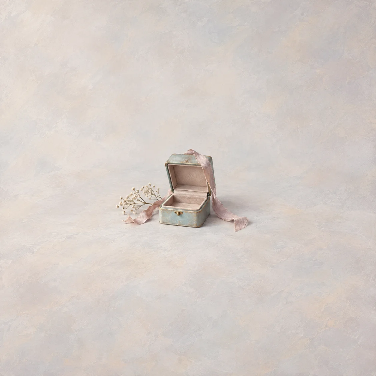 An open pale pink jewelry box sits with a ribbon, pearls and delicate flowers.