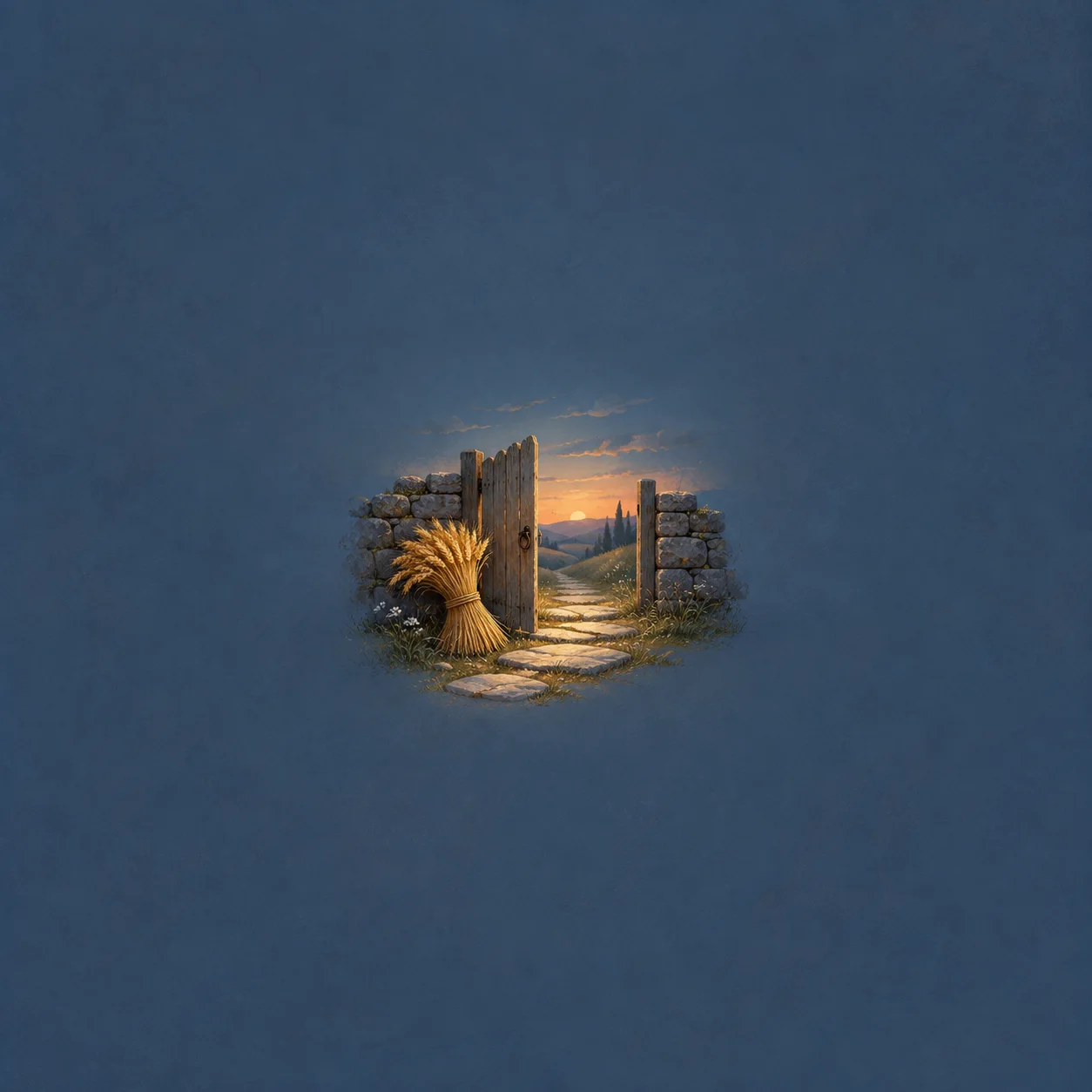 An open wooden gate in a low stone wall reveals a path at sunset, with a wheat sheaf beside the entrance.