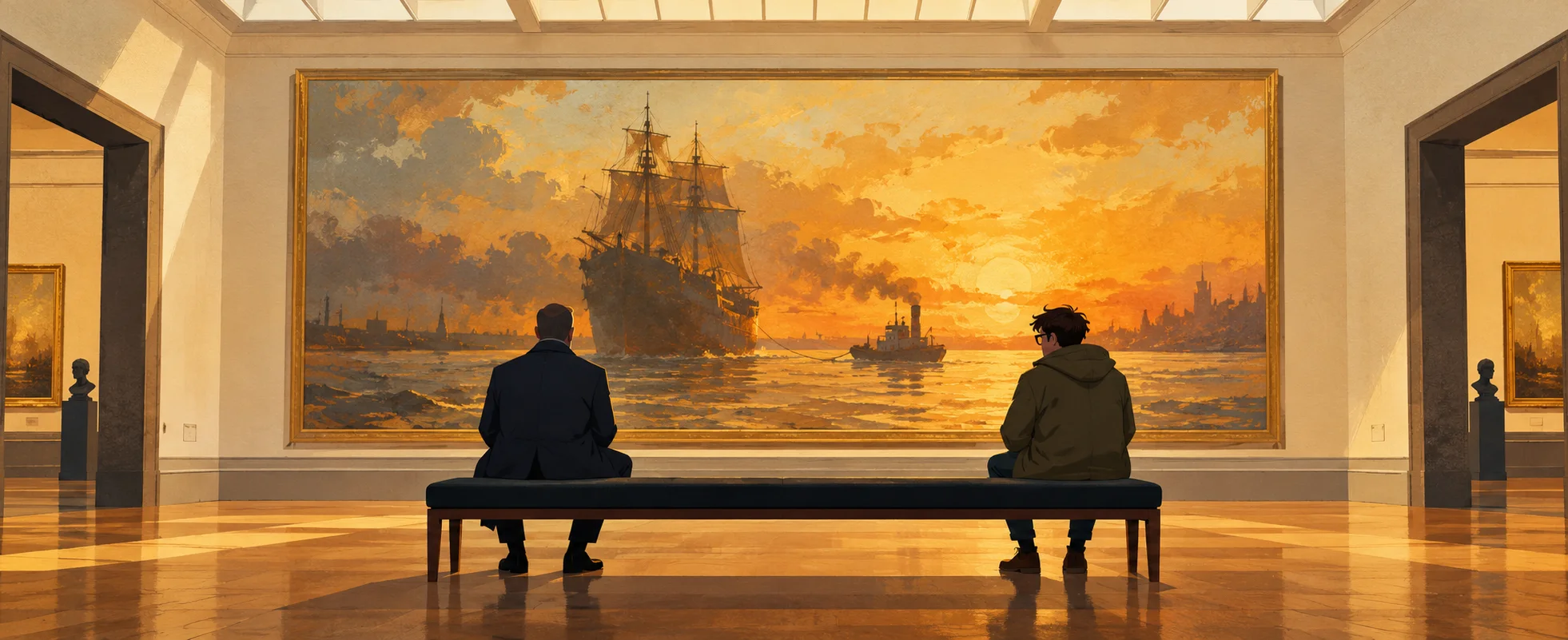 In the National Gallery, Bond and the young Q sit at either end of a long bench beneath a huge golden painting of an old warship towed into the sunset.