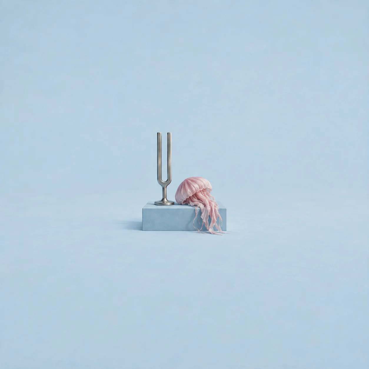 An upright silver tuning fork stands beside a drooping pink silky bundle on a pale-blue plinth.