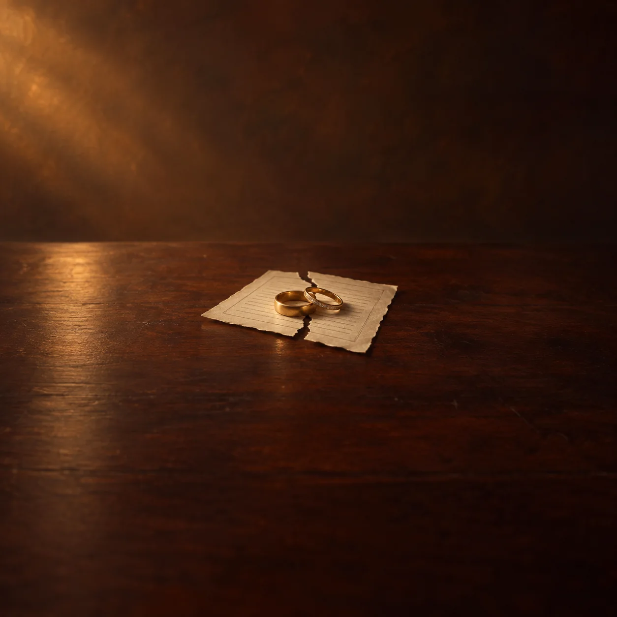 Two gold rings lie across a sheet of paper torn down the middle on a dark wooden table.