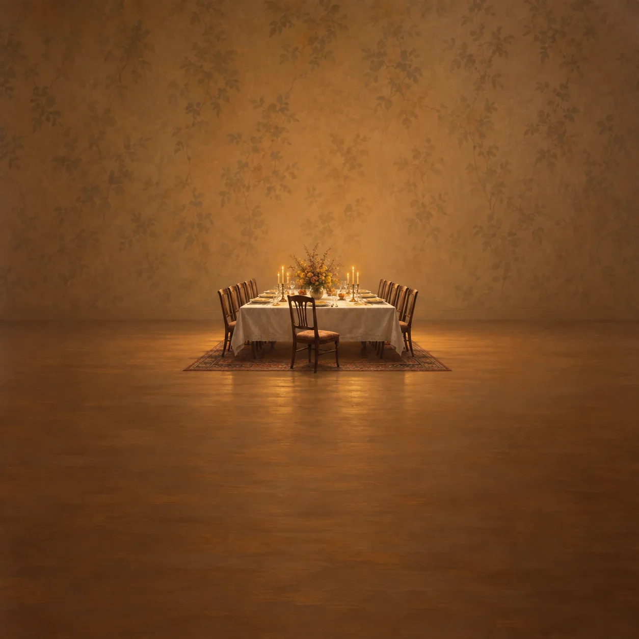 Empty wooden chairs surround a dining table set with candles and flowers in a warmly lit amber room.